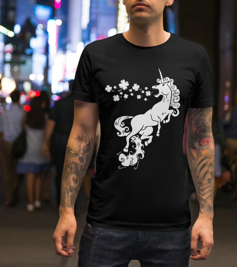 Unicorn Blowing Shamrock Flowers Mystical T-Shirt