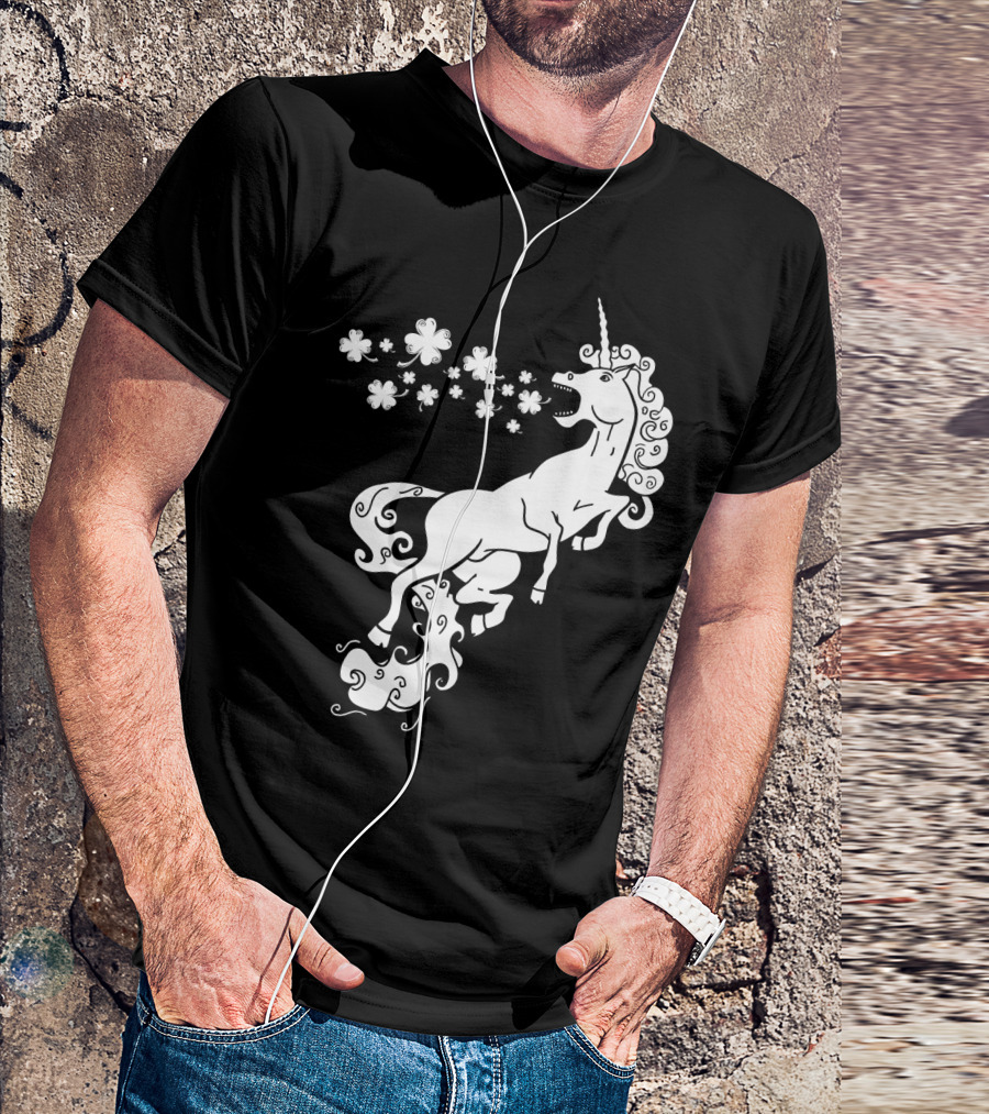 Unicorn Blowing Shamrock Flowers Mystical T-Shirt