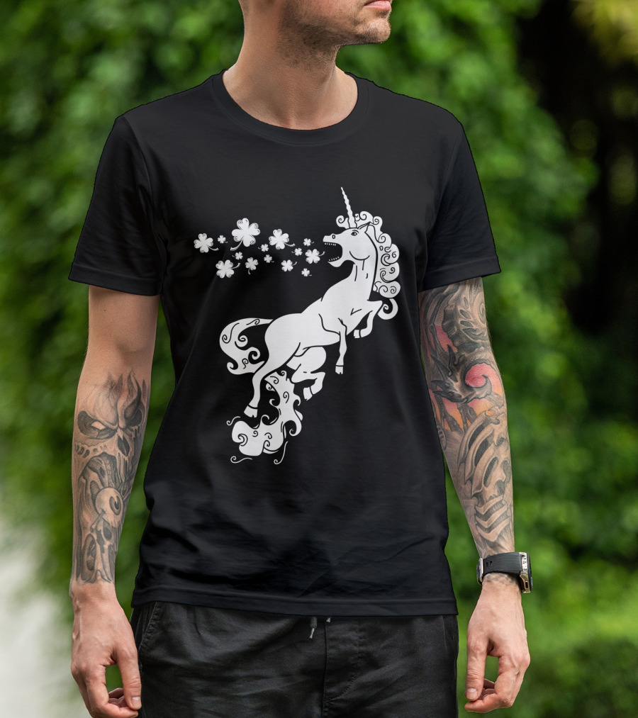 Unicorn Blowing Shamrock Flowers Mystical T-Shirt