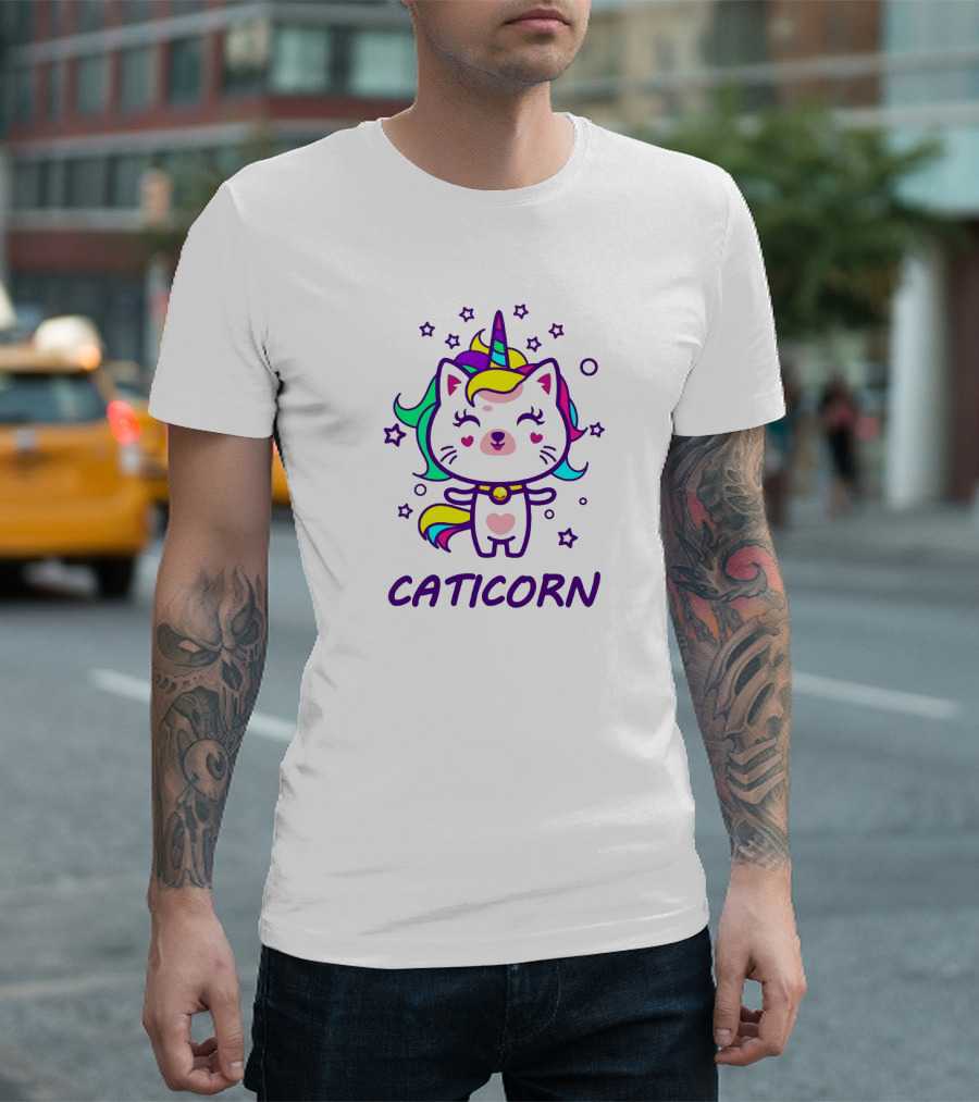 Caticorn Cute Magical Unicorn Cat With Rainbow Mane And Stars T-Shirt