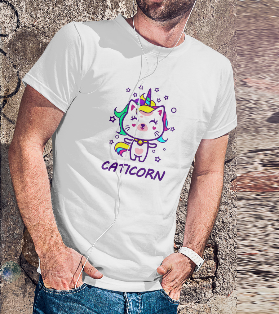 Caticorn Cute Magical Unicorn Cat With Rainbow Mane And Stars T-Shirt