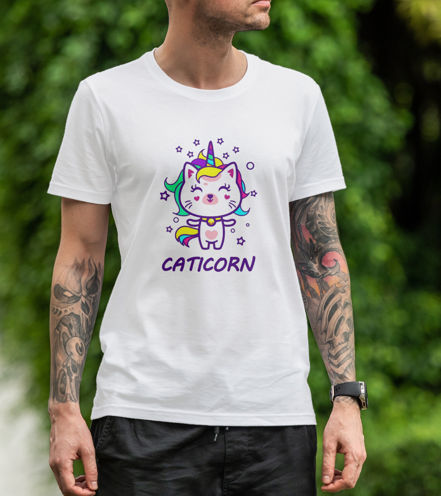 Caticorn Cute Magical Unicorn Cat With Rainbow Mane And Stars T-Shirt