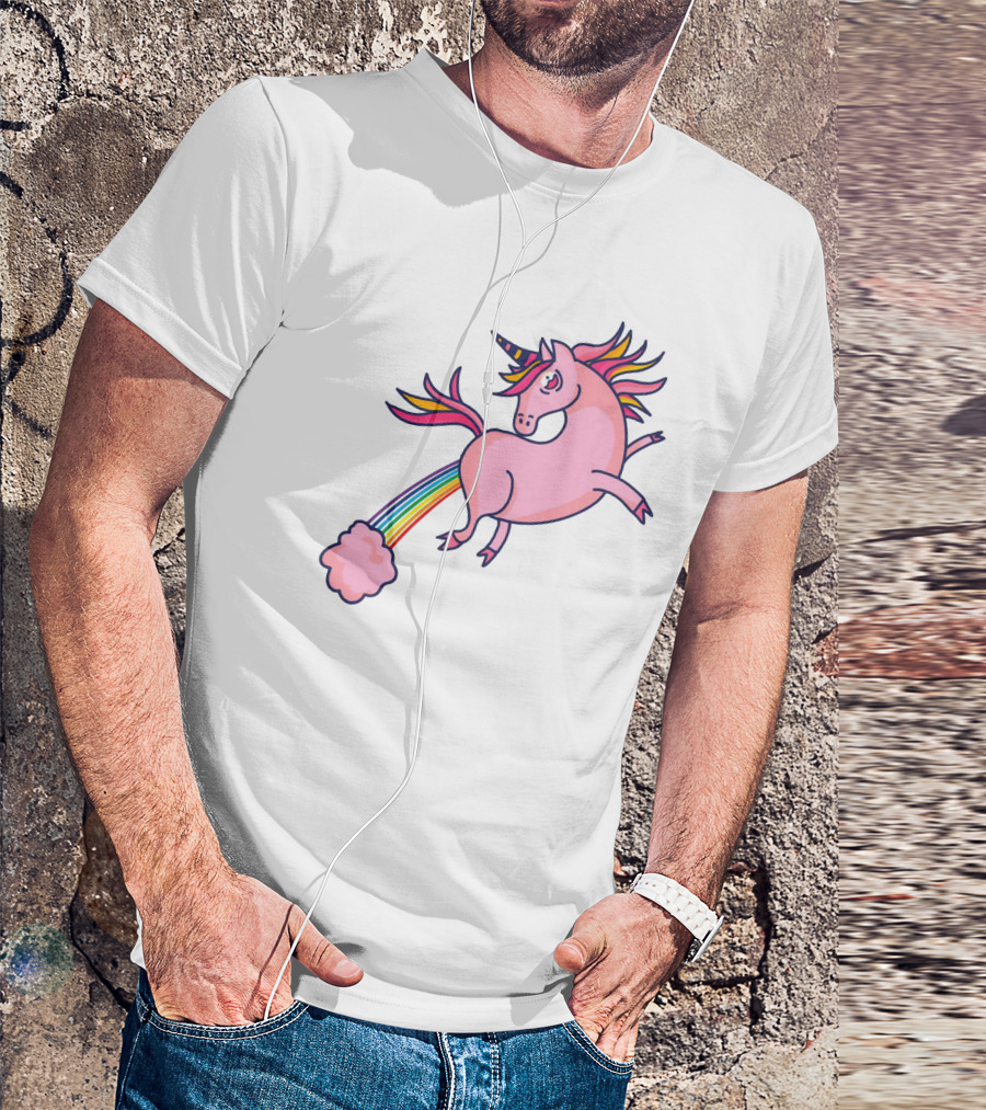 Magical Unicorn With Rainbow Tail And Puffy Clouds T-Shirt