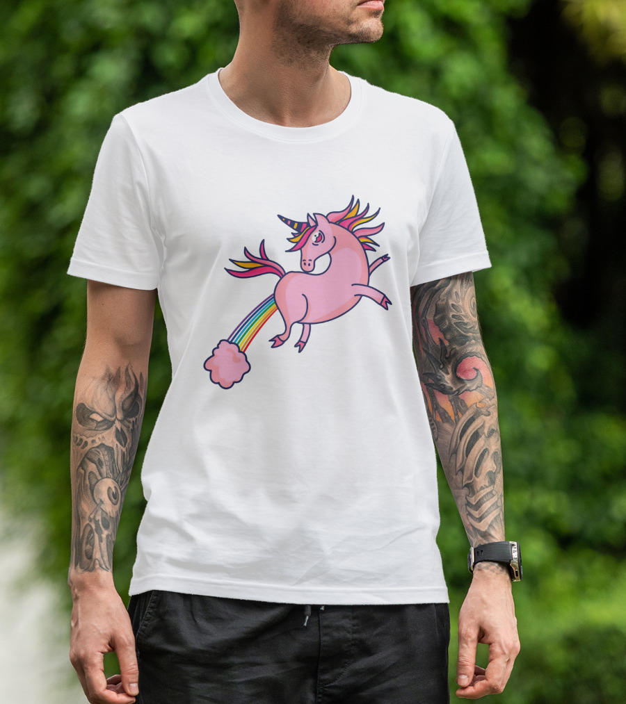 Magical Unicorn With Rainbow Tail And Puffy Clouds T-Shirt