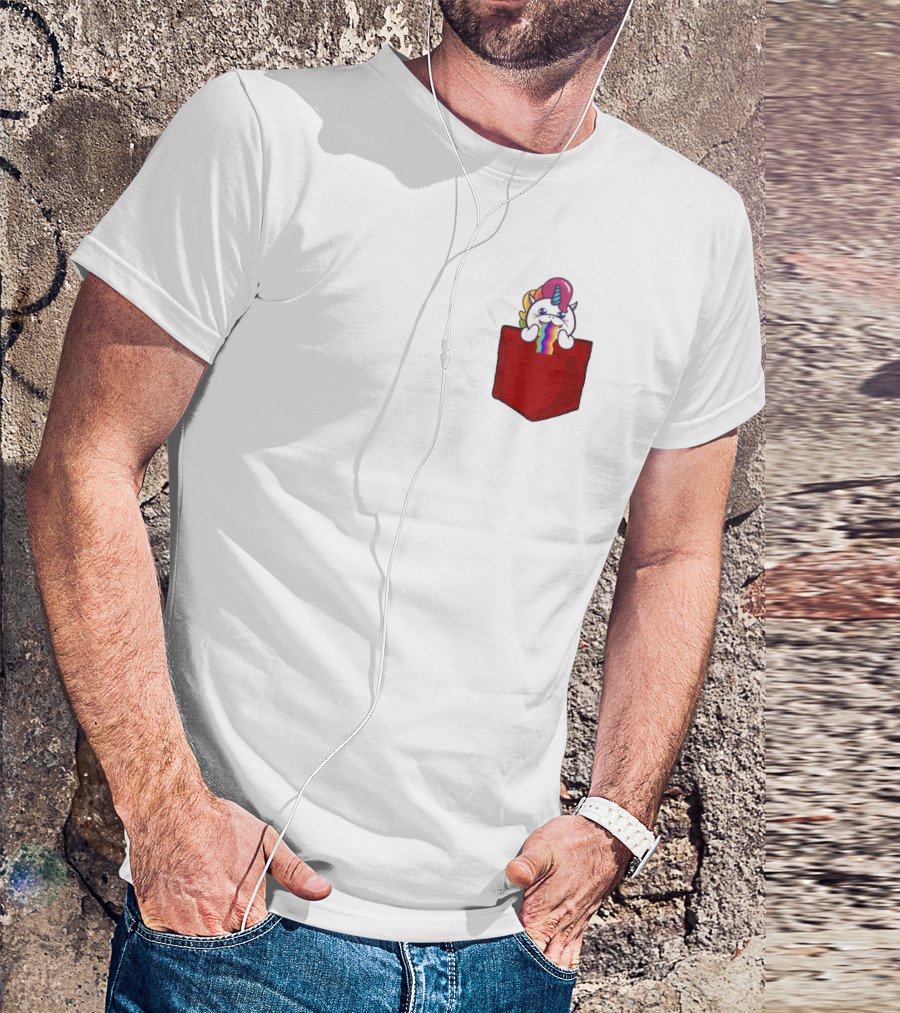Crying Rainbow Unicorn In Red Pocket T-Shirt