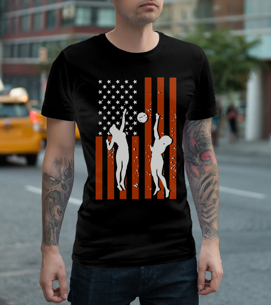 Volleyball Silhouettes Against American Flag Patriotic Sports Scene T-Shirt