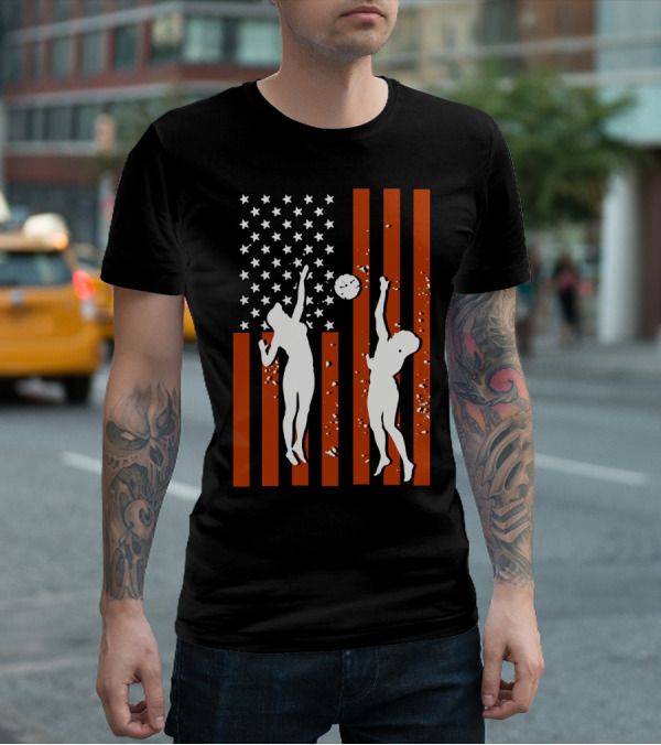 Volleyball Silhouettes Against American Flag Patriotic Sports Scene T-Shirt