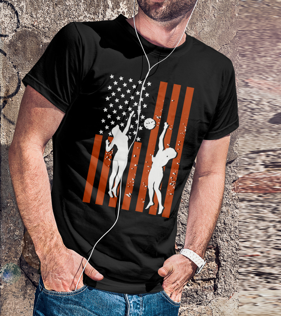 Volleyball Silhouettes Against American Flag Patriotic Sports Scene T-Shirt
