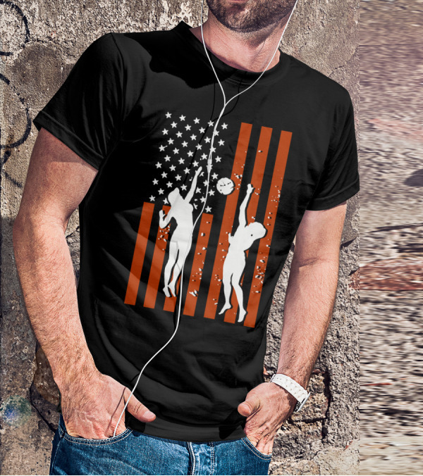 Volleyball Silhouettes Against American Flag Patriotic Sports Scene T-Shirt