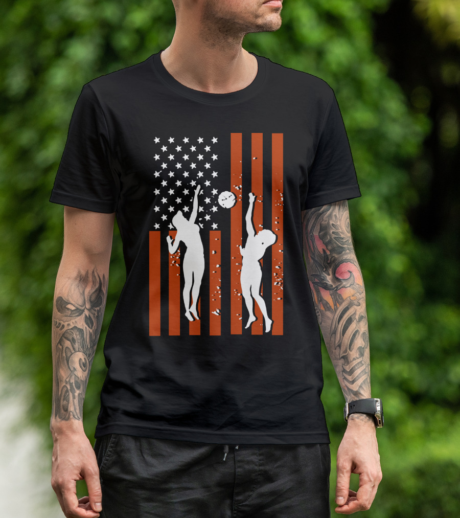 Volleyball Silhouettes Against American Flag Patriotic Sports Scene T-Shirt