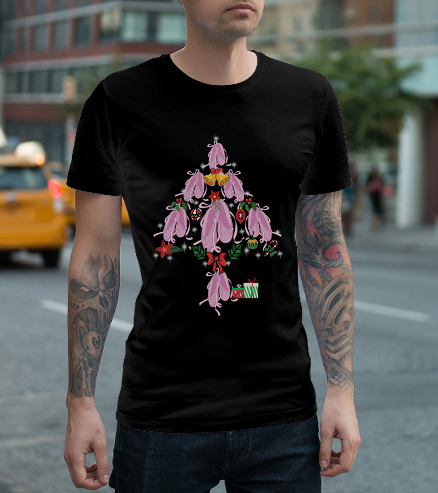 Pointe Shoes Shaped as Christmas Tree with Bells, Ornaments, and Gifts T-Shirt