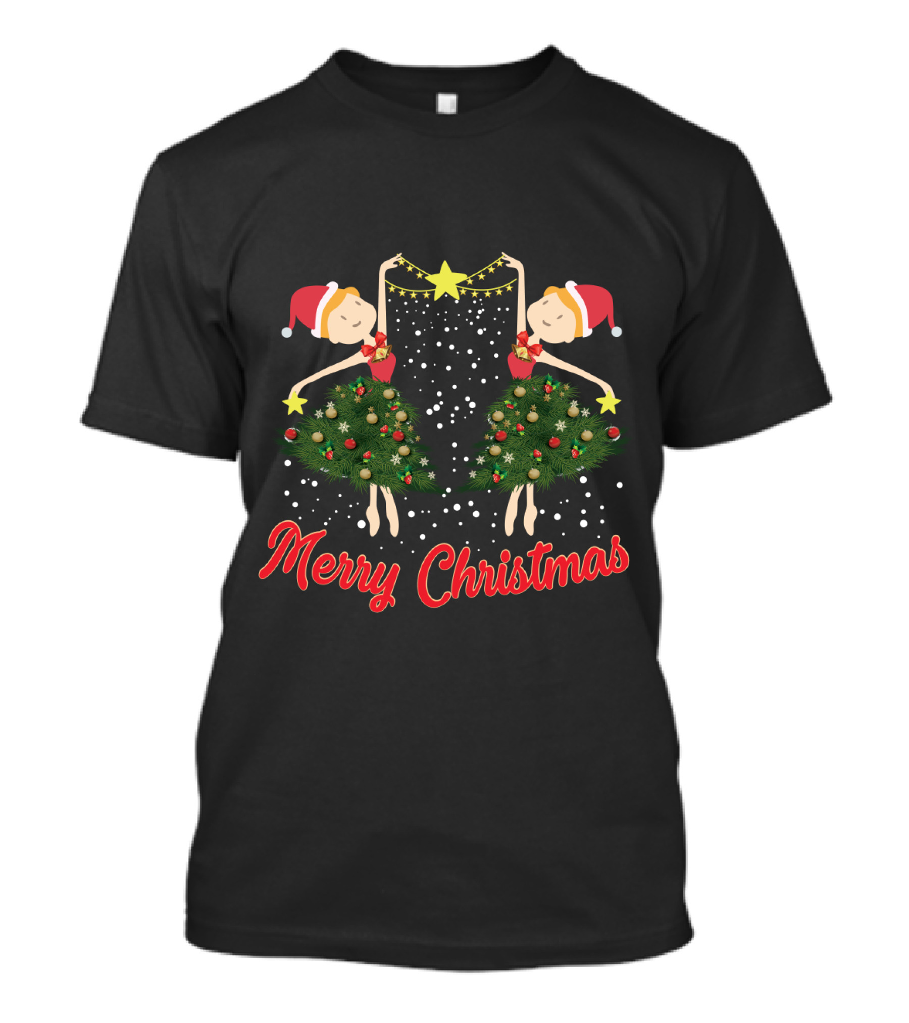 Merry Christmas Ballet Dancers With Festive Santa Hats And Holiday Tree Dresses T-Shirt