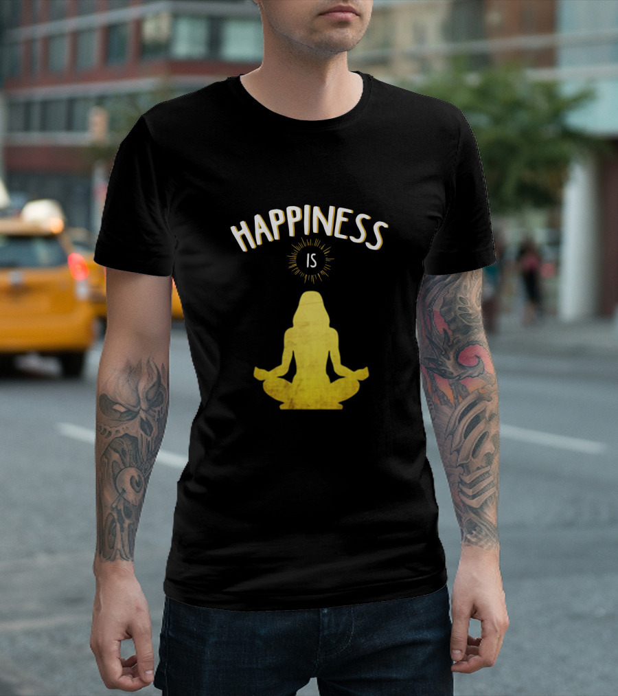 Happiness Is Yoga Meditation Silhouette in Yellow with Sunburst T-Shirt