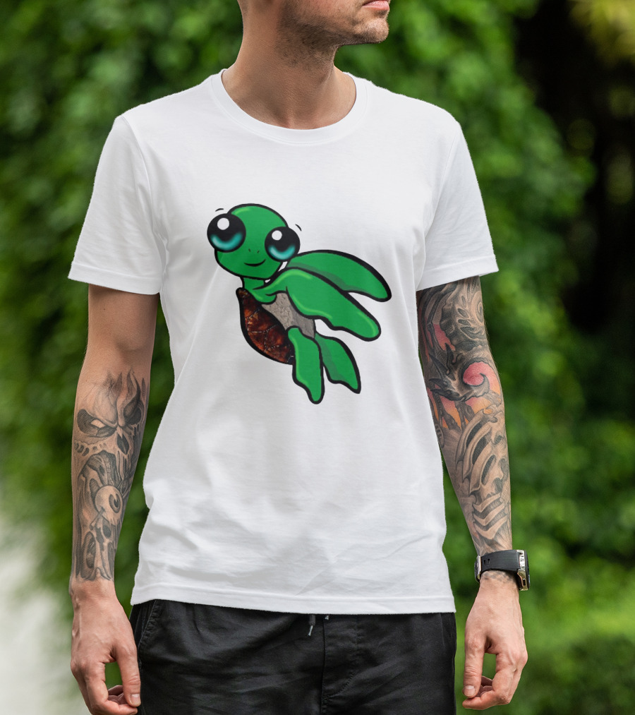 Funky Turtle Cute Green Cartoon Character With Big Eyes T-Shirt