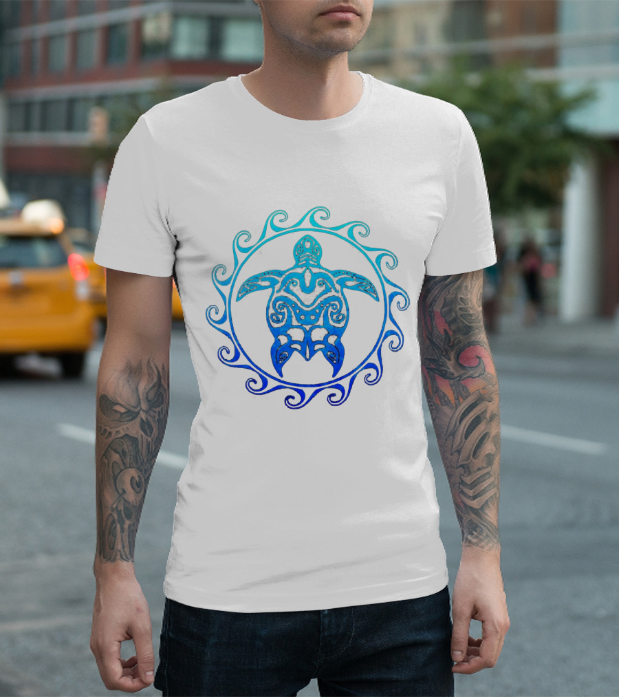Intricate Tribal Turtle Design With Swirling Wave Motif T-Shirt