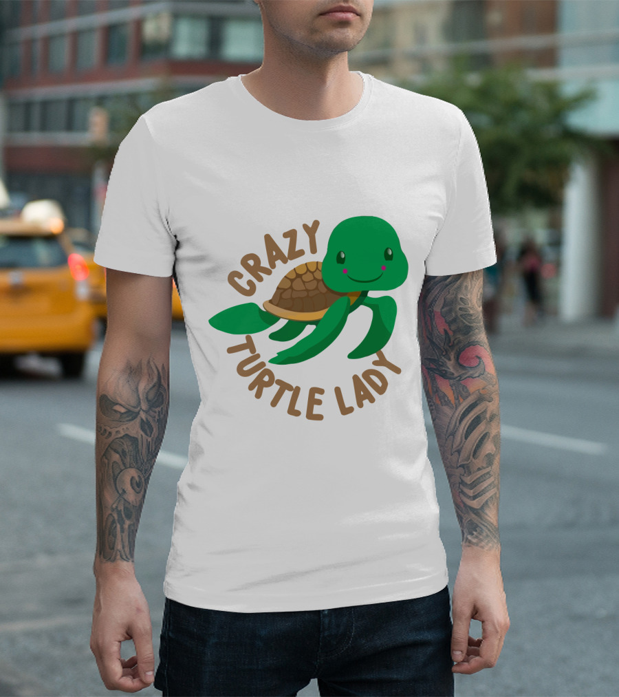 Crazy Turtle Lady Cute Green Cartoon Style Turtle with Happy Face T-Shirt
