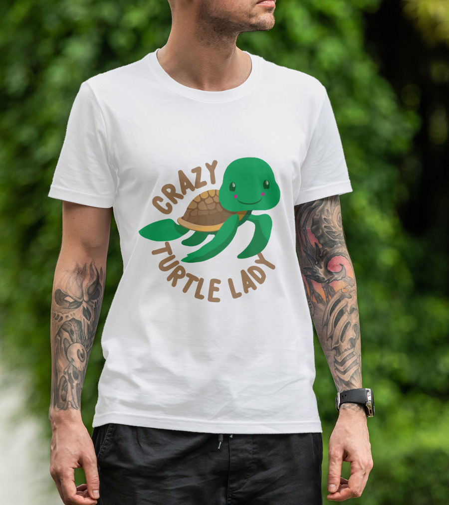 Crazy Turtle Lady Cute Green Cartoon Style Turtle With Happy Face T-Shirt