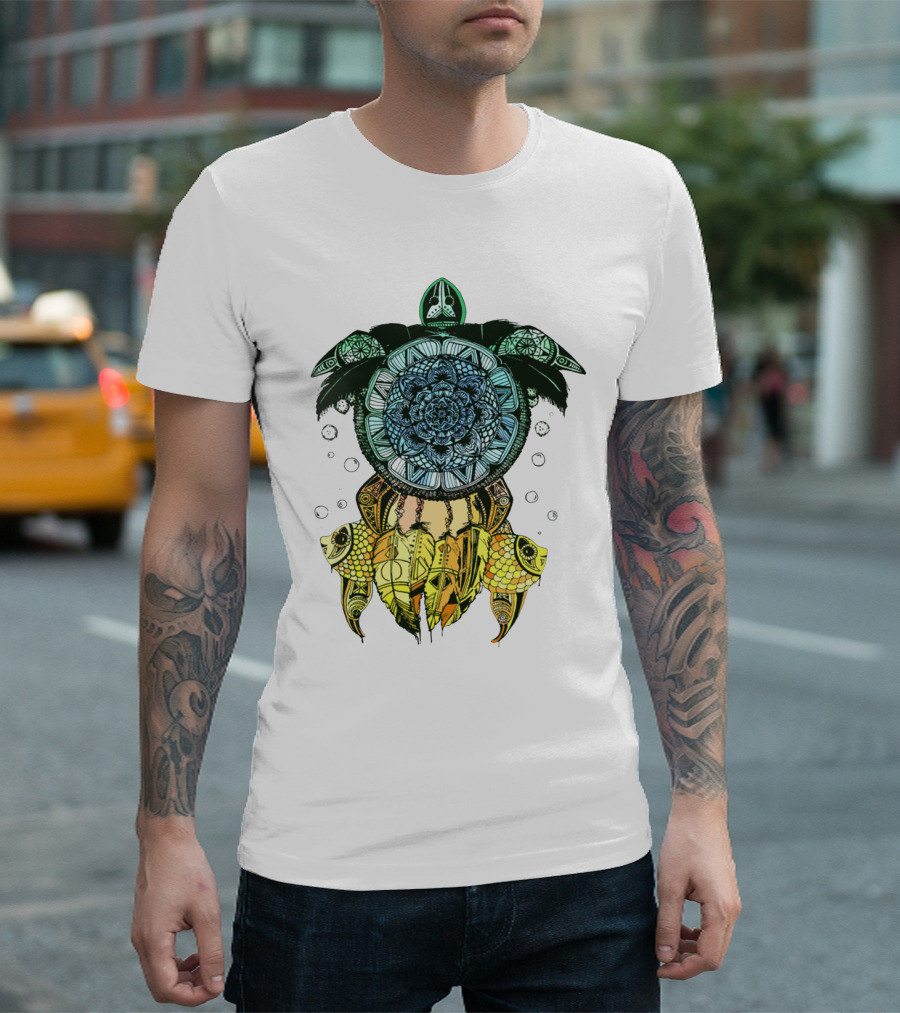 Dreamcatcher Flower Of Life Turtle With Intricate Mandala Feather And Geometric T-Shirt