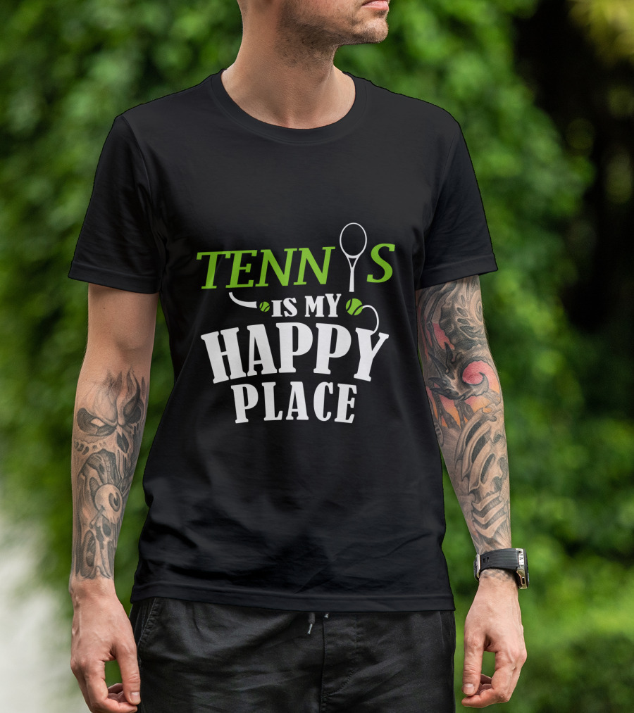 Tennis Is My Happy Place With Racket And Ball Motif T-Shirt
