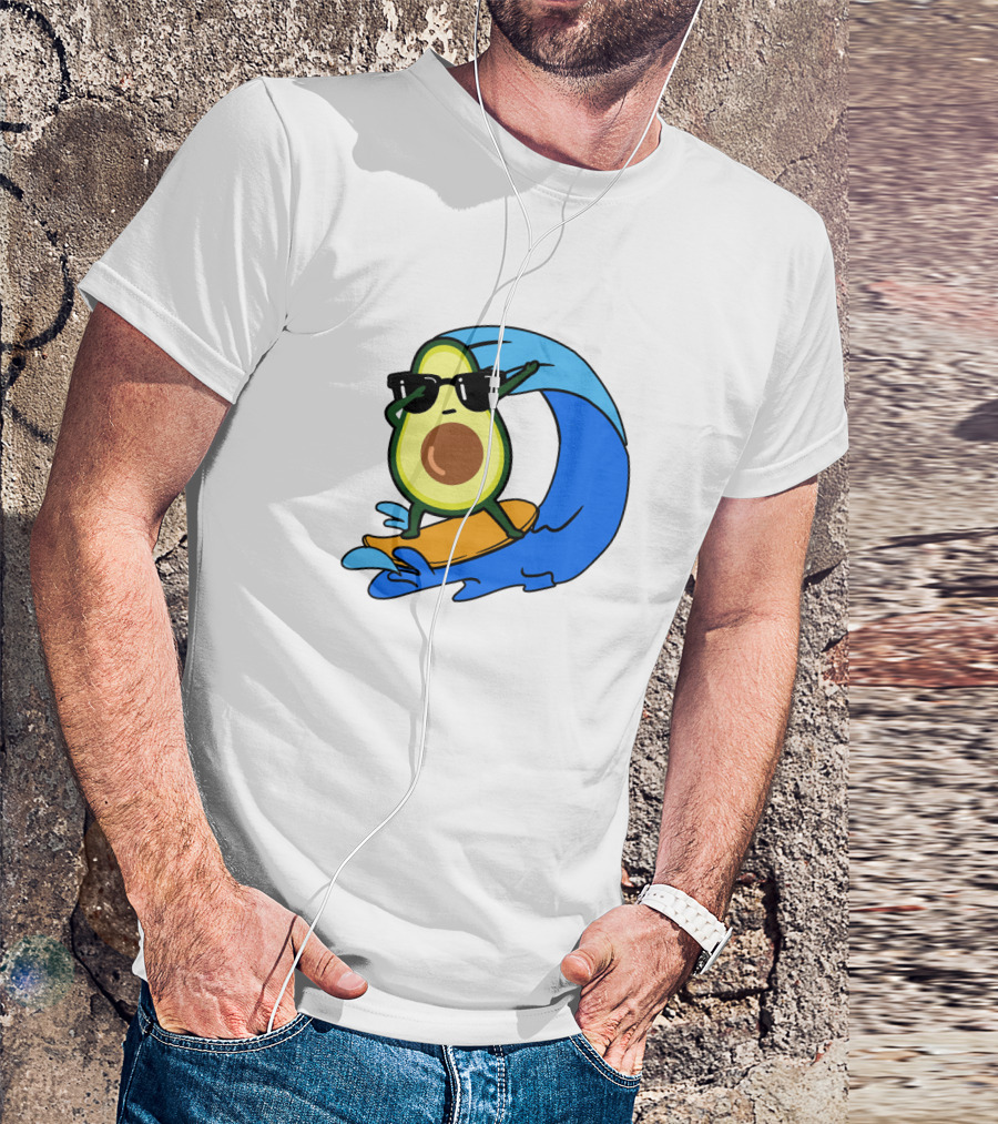 Avocado Wearing Sunglasses Riding Blue Ocean Wave T-Shirt