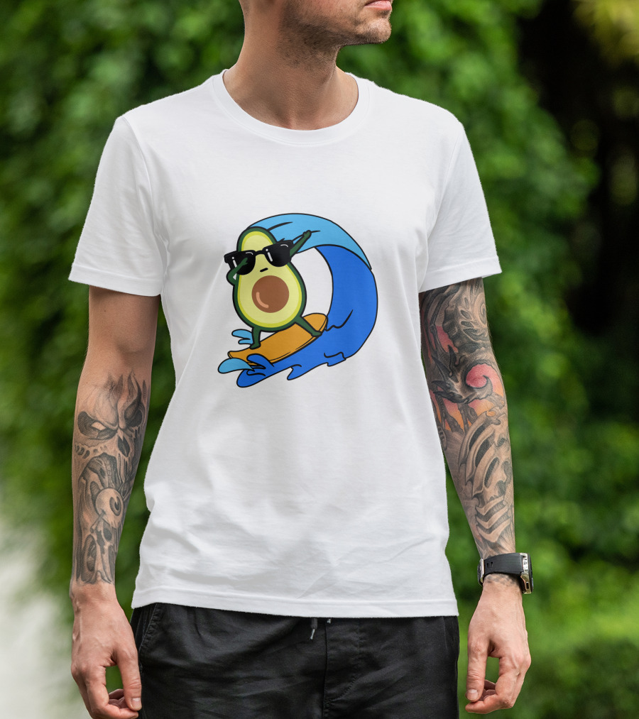Avocado Wearing Sunglasses Riding Blue Ocean Wave T-Shirt