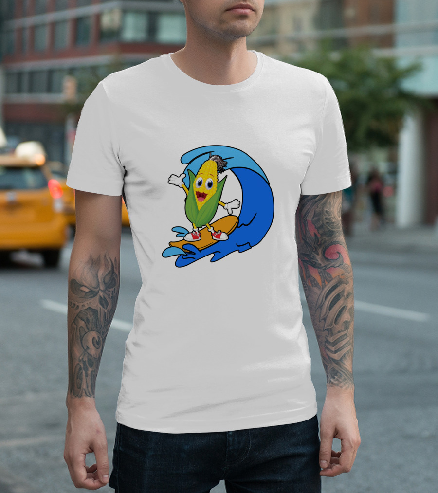 Corn on Surfboard Riding Blue Ocean Wave T-Shirt