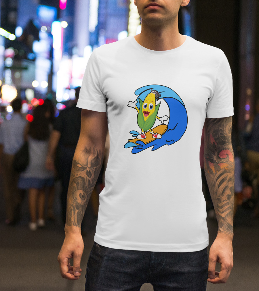 Corn On Surfboard Riding Blue Ocean Wave T-Shirt