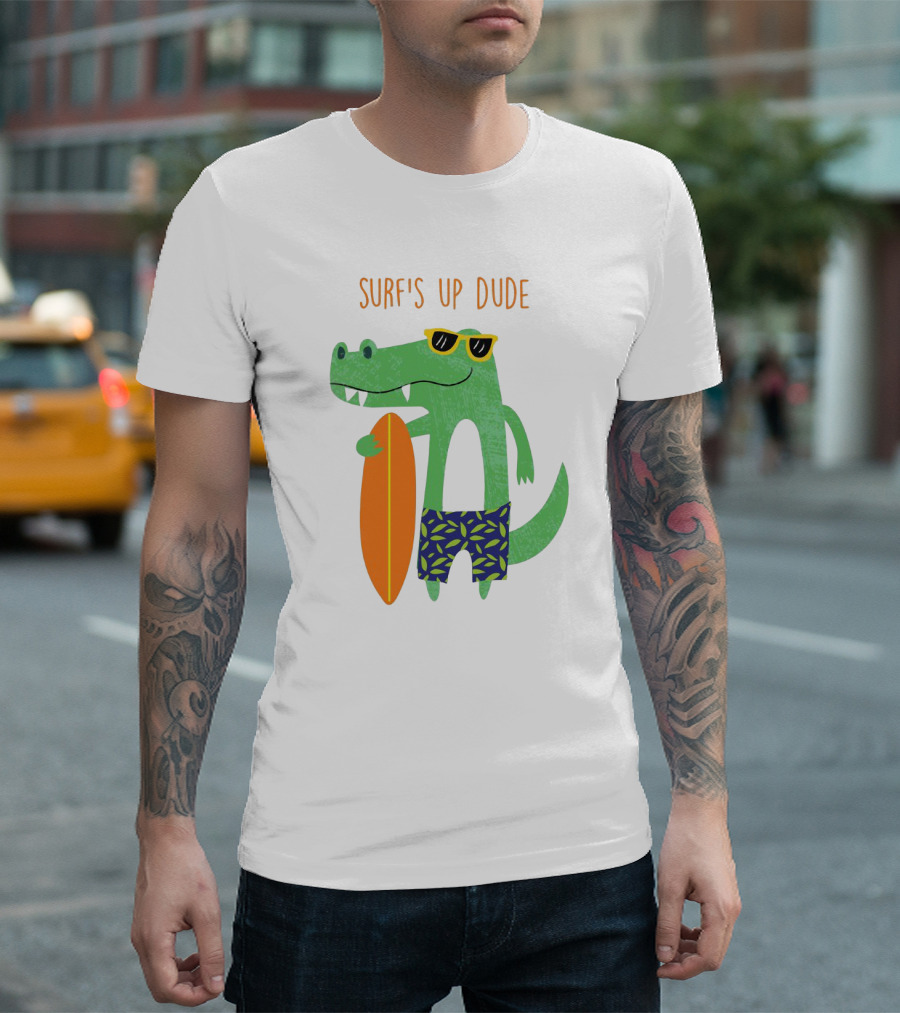 Surf's Up Dude Cool Crocodile In Sunglasses With Surfboard And Tropical Shorts T-Shirt