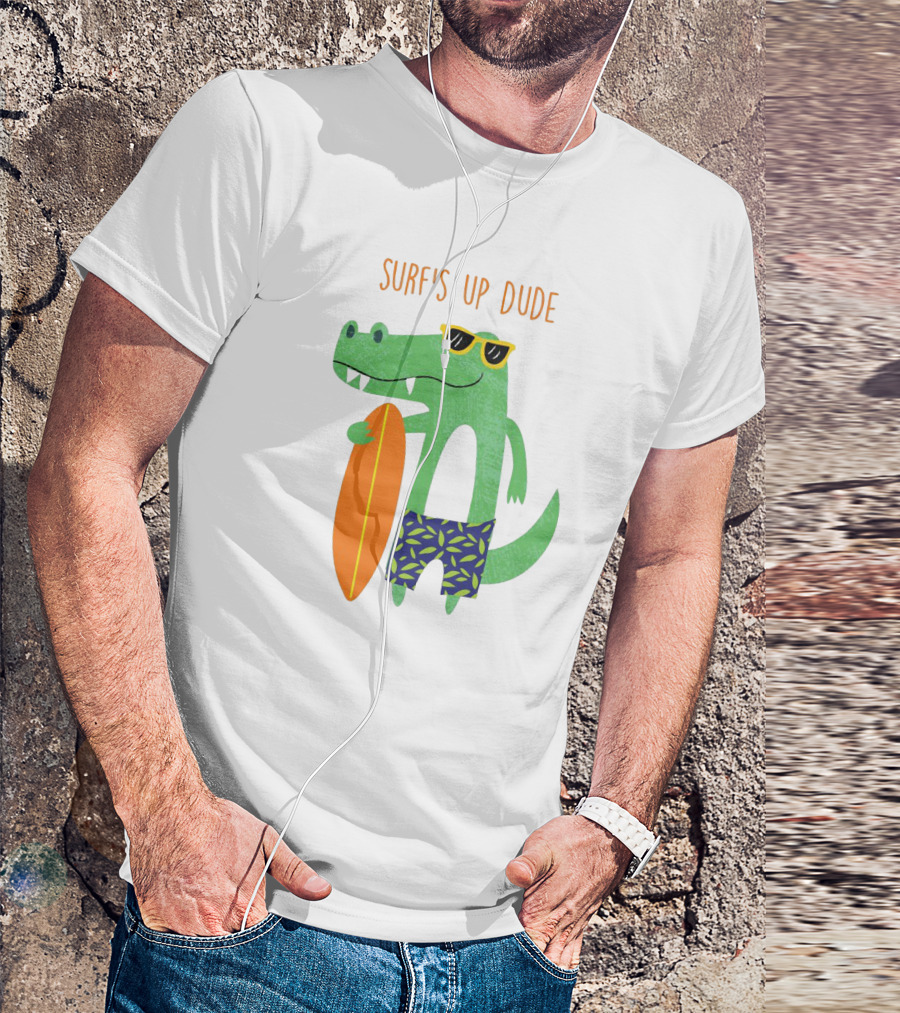 Surf's Up Dude Cool Crocodile In Sunglasses With Surfboard And Tropical Shorts T-Shirt