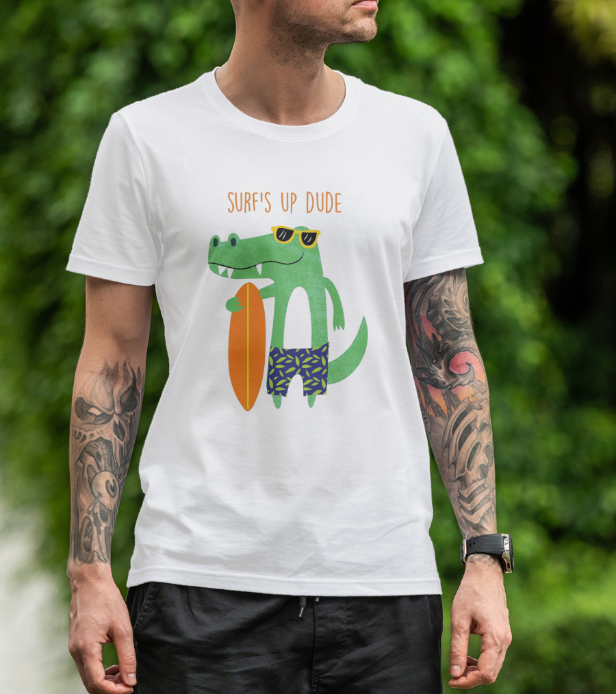 Surf's Up Dude Cool Crocodile In Sunglasses With Surfboard And Tropical Shorts T-Shirt