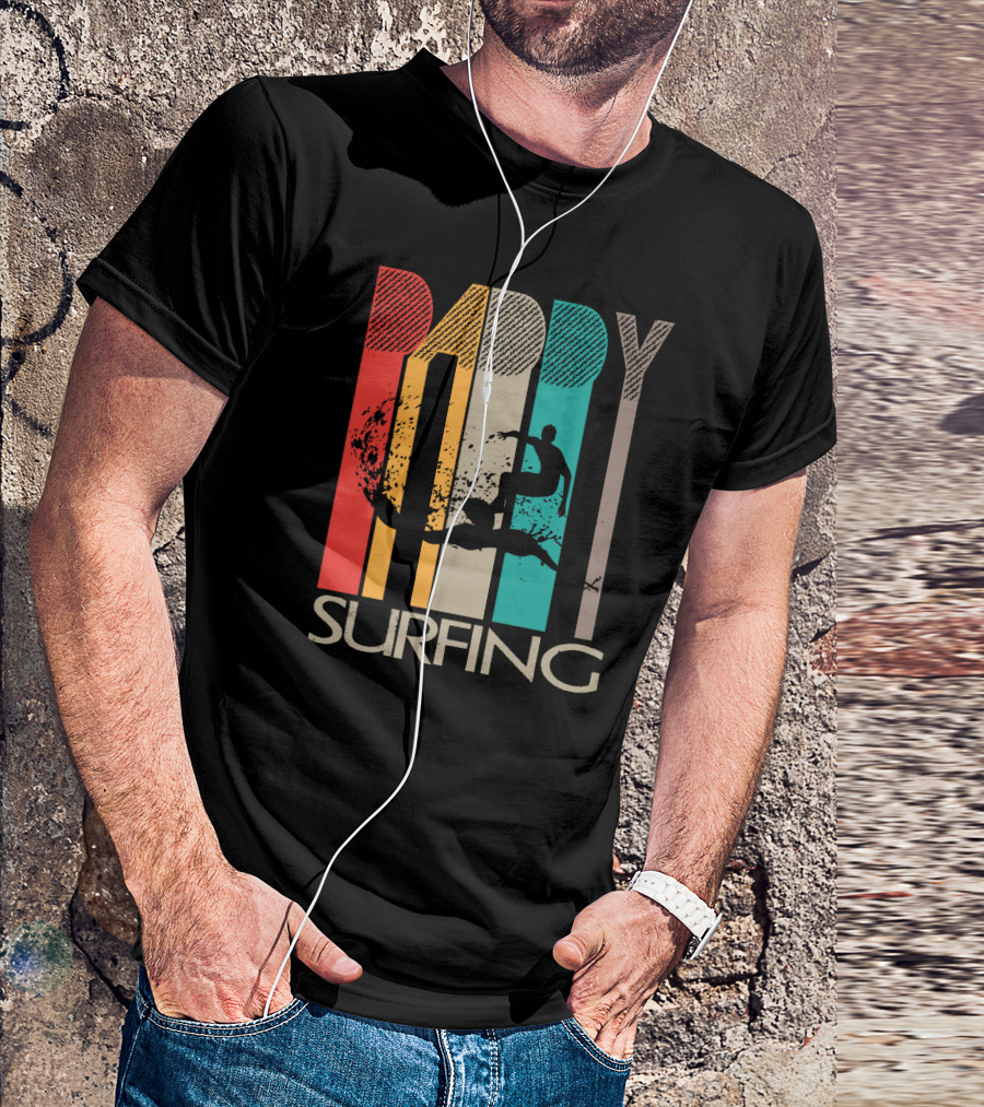 Vintage Daddy Surfing Silhouette With Retro Color Stripes T-Shirt