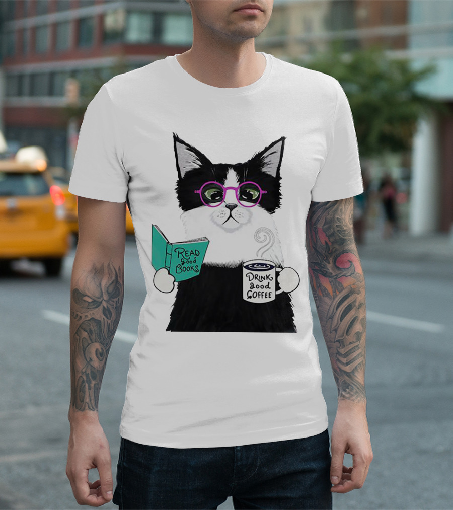 Read Good Books Drink Good Coffee Cat with Glasses T-Shirt