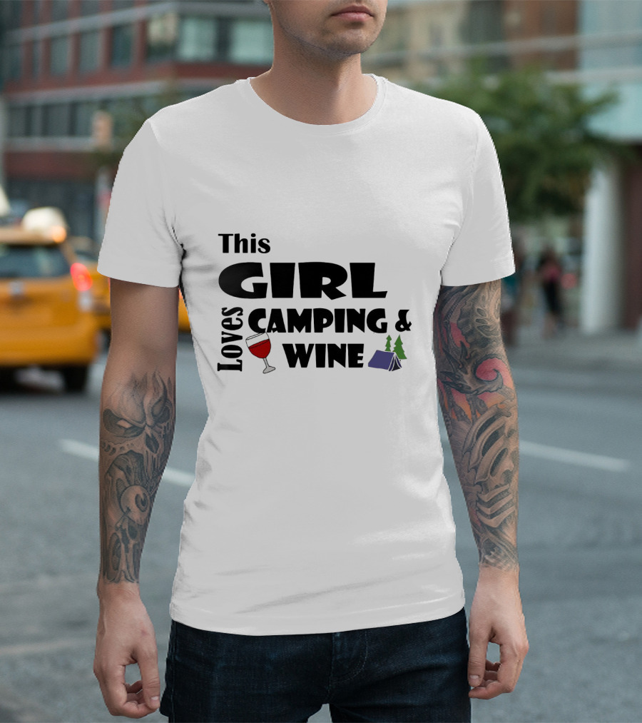 This Girl Loves Camping and Wine with Tent and Wine Glass Icons T-Shirt