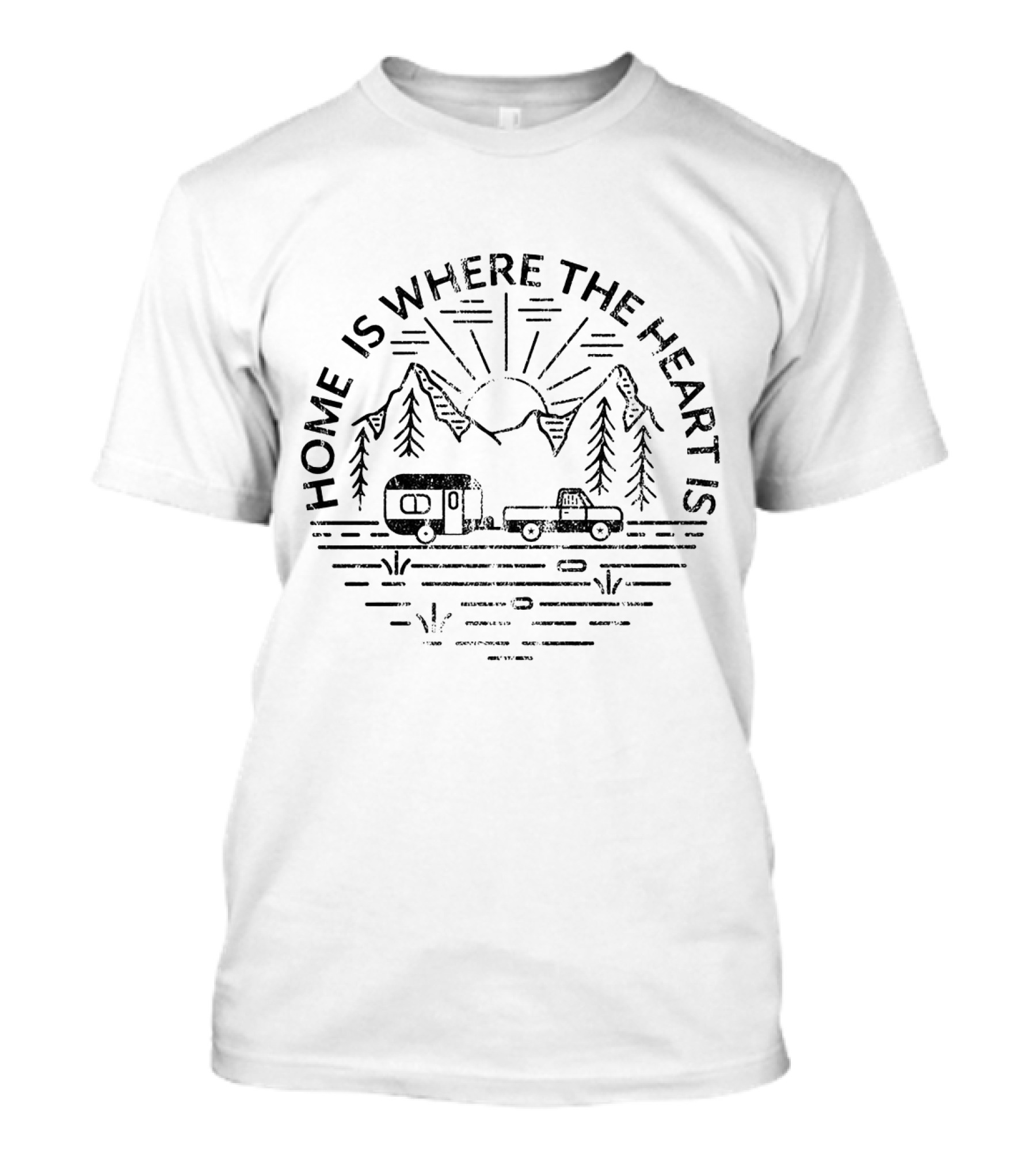 Home Is Where The Heart Is Camping Scenic Truck And Camper Mountains Sun T-Shirt