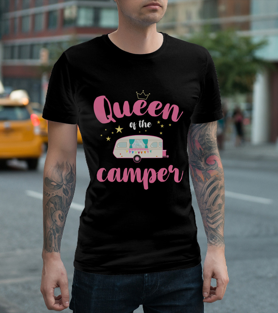 Queen Of The Camper With Crown And Star Accented Vintage Caravan T-Shirt
