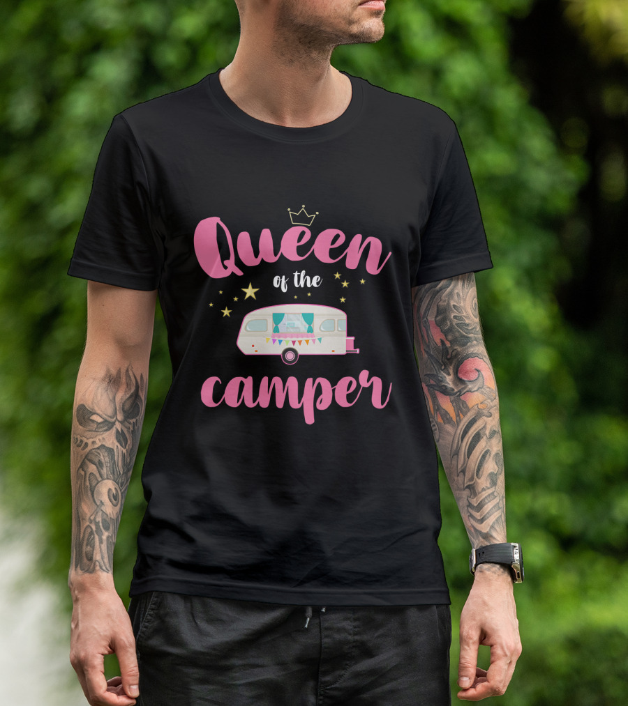 Queen Of The Camper With Crown And Star Accented Vintage Caravan T-Shirt