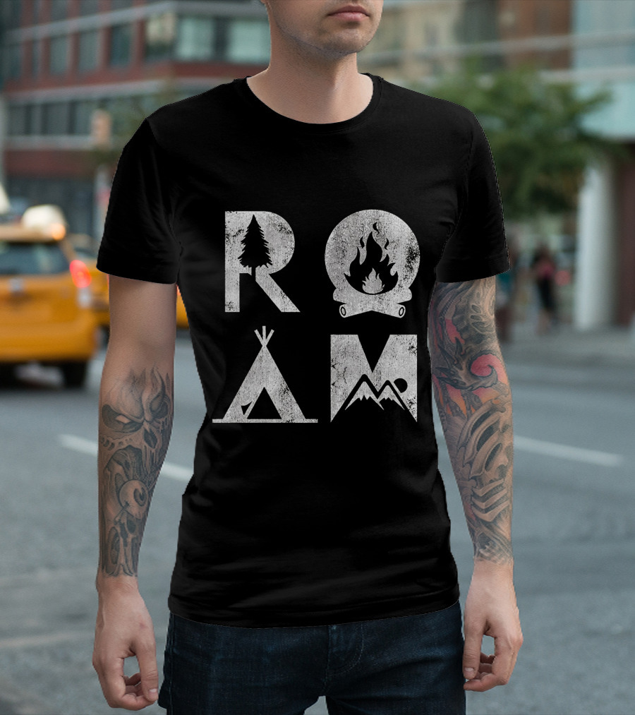 Roam Text Stack with Tree Campfire Tent Mountain Iconography Explore Nature Camping T-Shirt