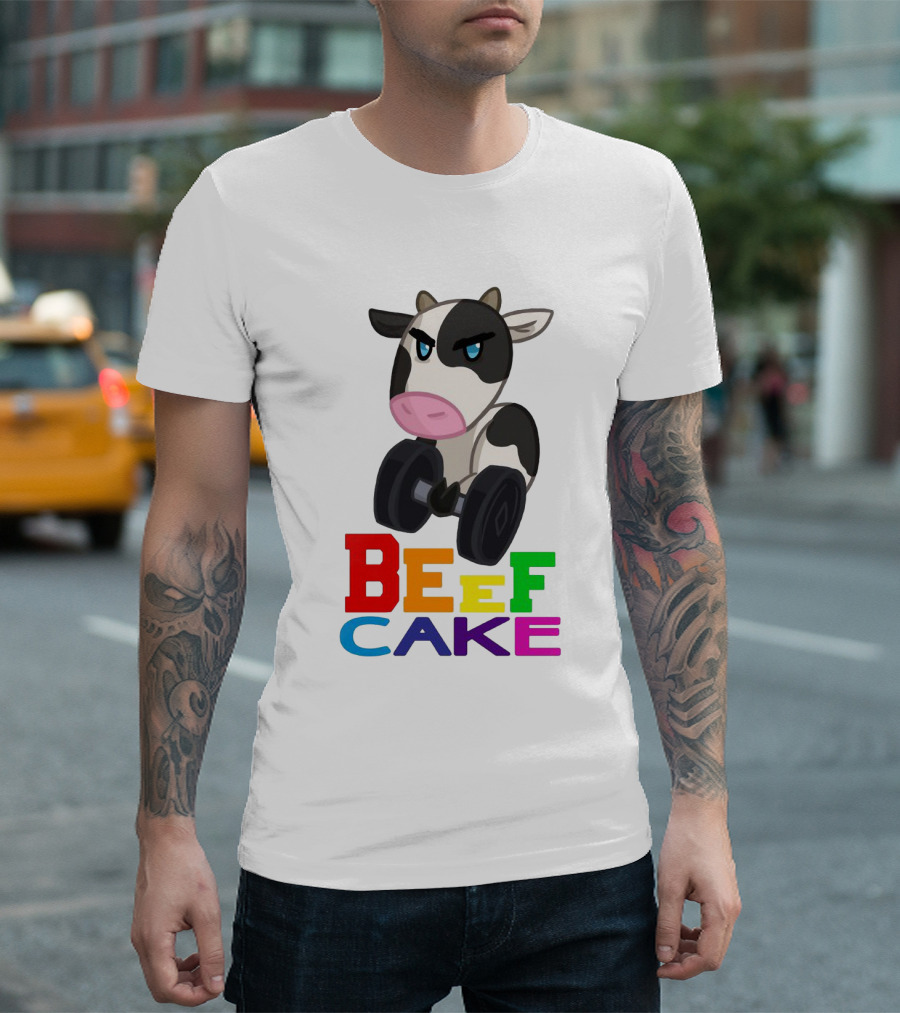 Beefcake Cow Lifting Dumbbells Cartoon T-Shirt