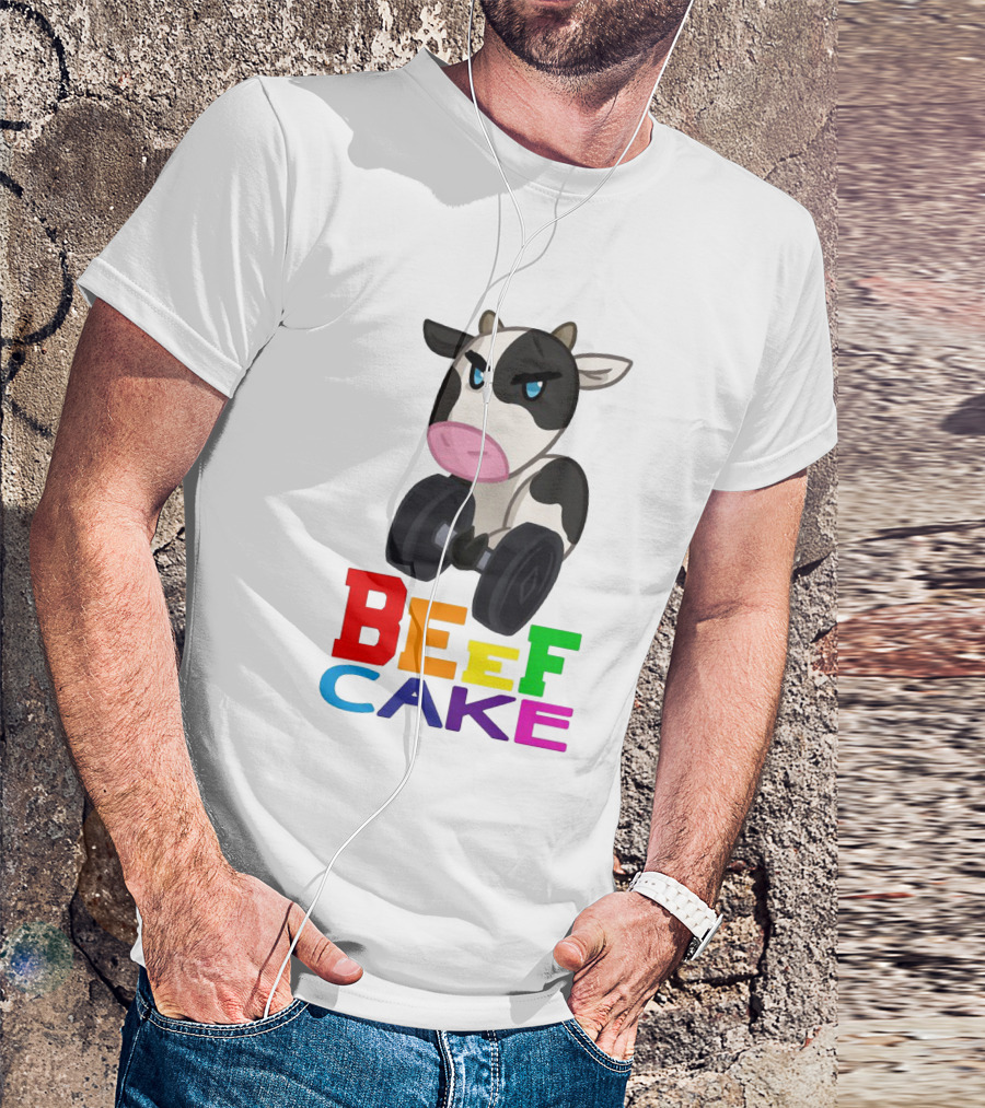 Beefcake Cow Lifting Dumbbells Cartoon T-Shirt