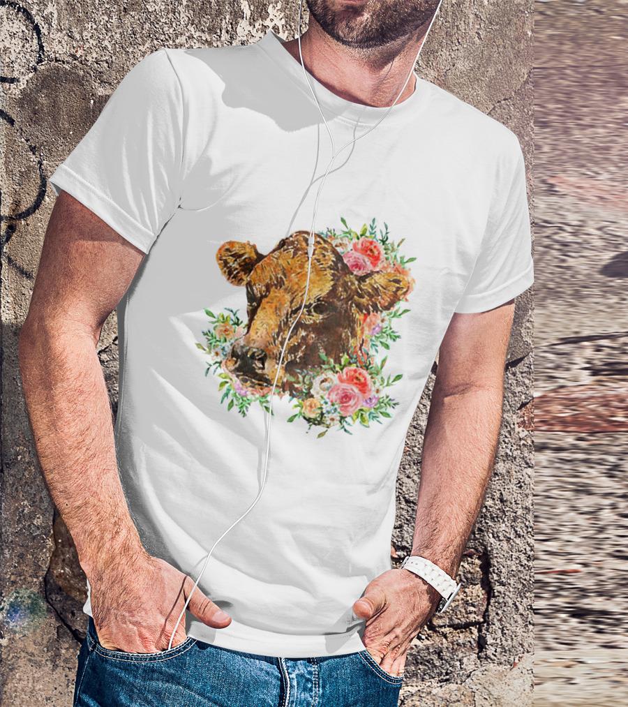 Cow With Floral Accents And Cute Cow Flower Style Motif T-Shirt