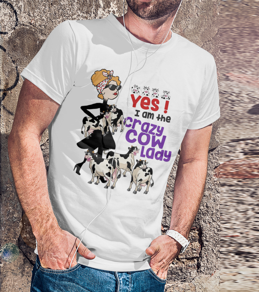 Yes I Am The Crazy Cow Lady With Cartoon Cows And Stylish Woman In Red Bandana And Sunglasses T-Shirt