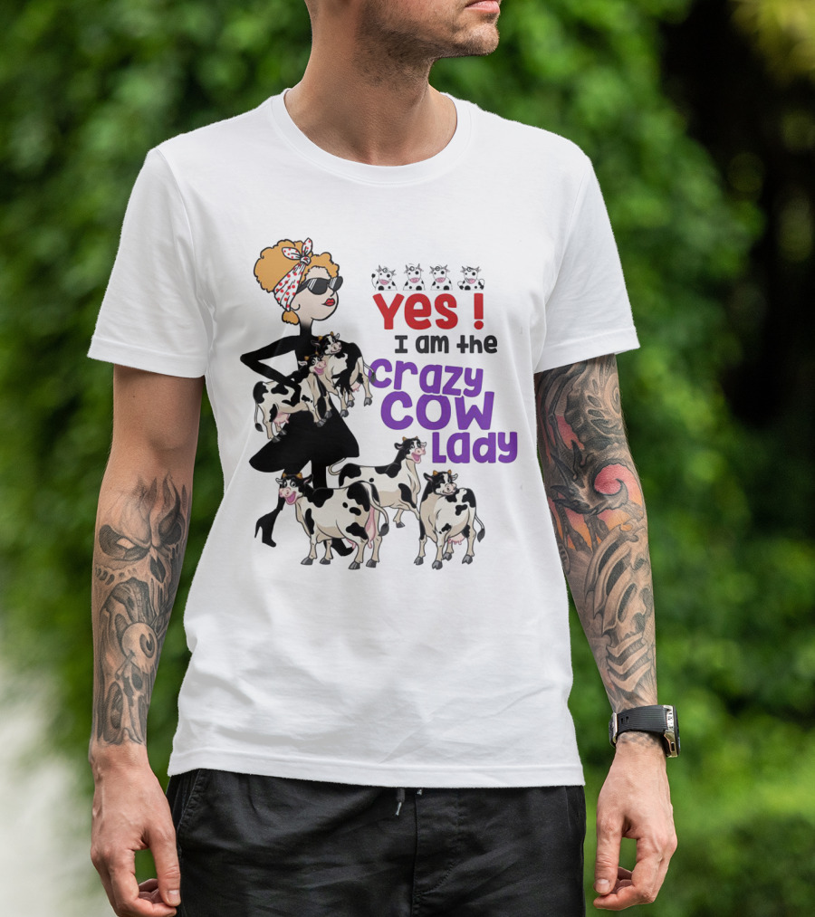 Yes I Am The Crazy Cow Lady With Cartoon Cows And Stylish Woman In Red Bandana And Sunglasses T-Shirt
