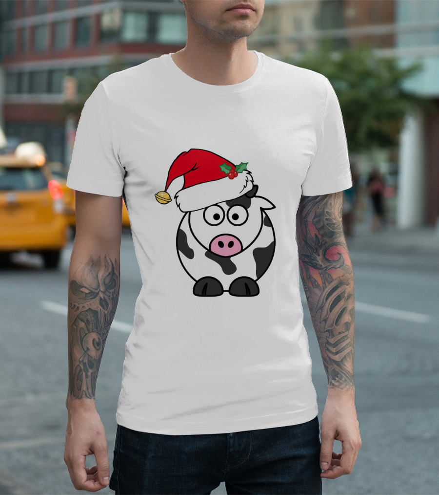 Cartoon Cow With Santa Hat And Holly Christmas Charm T-Shirt