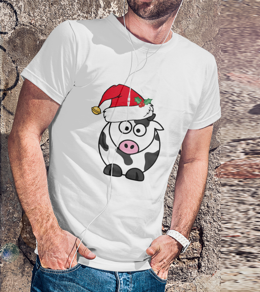 Cartoon Cow With Santa Hat And Holly Christmas Charm T-Shirt