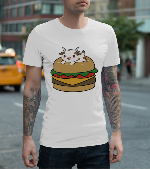 Funny Burger Cow Kawaii Cartoon Cheeseburger With Cute Animal Topping T-Shirt