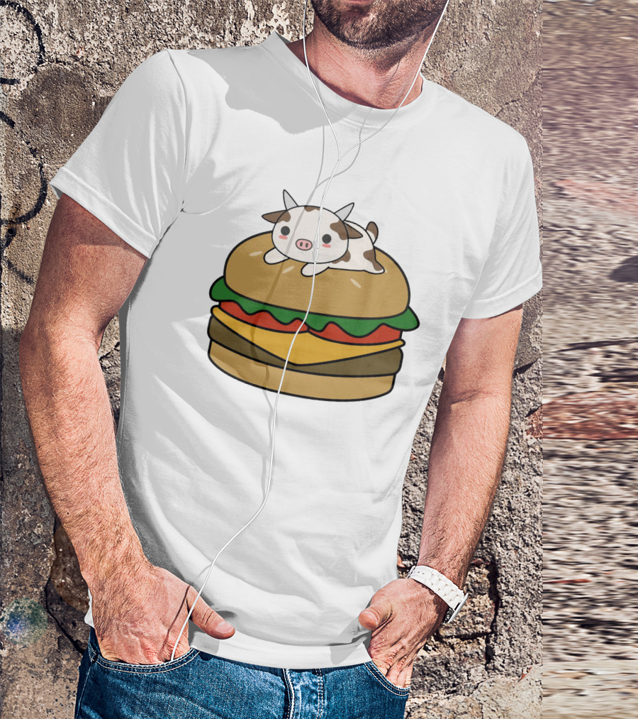 Funny Burger Cow Kawaii Cartoon Cheeseburger With Cute Animal Topping T-Shirt