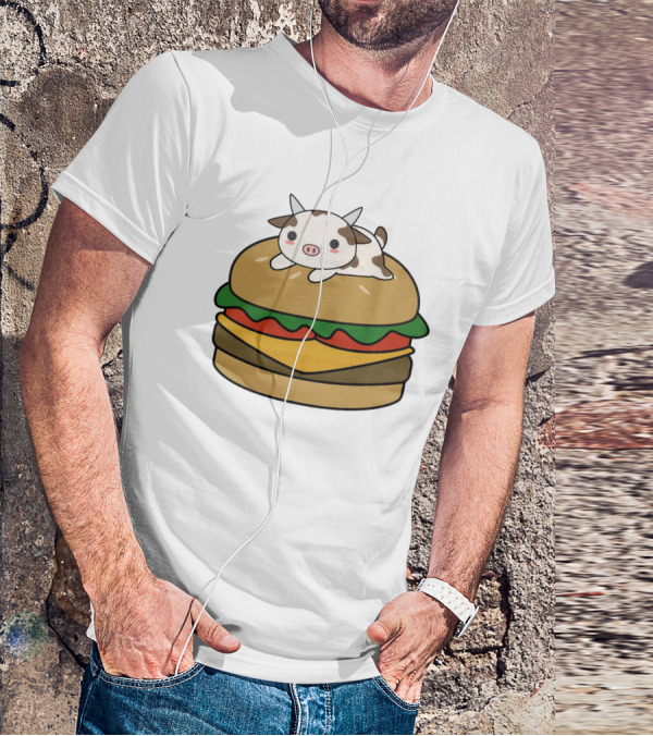 Funny Burger Cow Kawaii Cartoon Cheeseburger With Cute Animal Topping T-Shirt