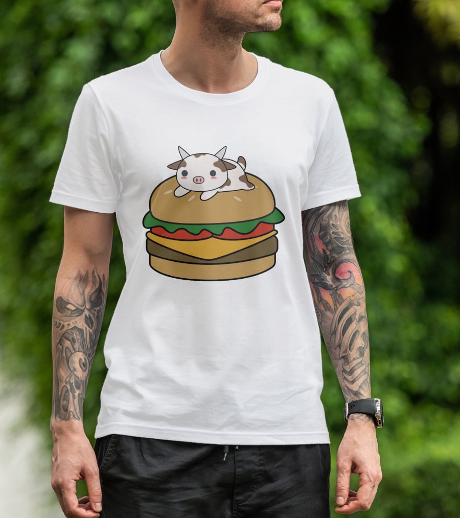 Funny Burger Cow Kawaii Cartoon Cheeseburger With Cute Animal Topping T-Shirt