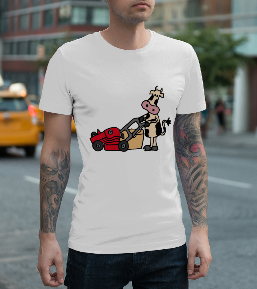 Funny Cow Mowing Grass Cartoon With Red Lawn Mower T-Shirt