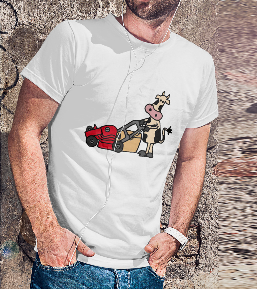 Funny Cow Mowing Grass Cartoon With Red Lawn Mower T-Shirt